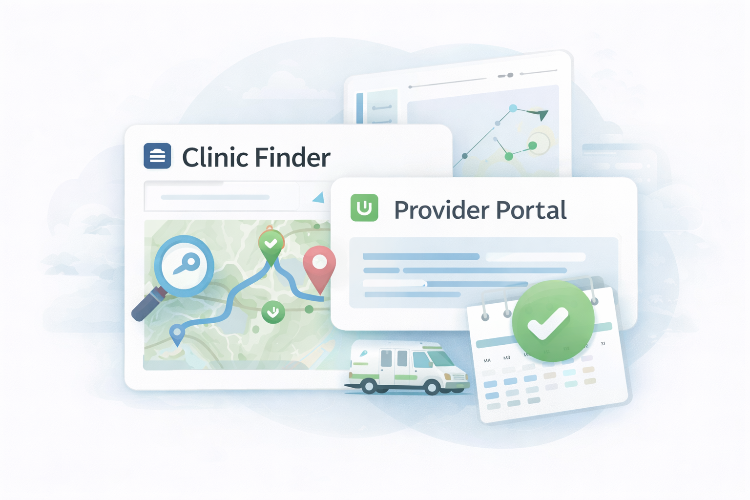 Illustrates various services available, including clinic finder, provider portal, and much more.